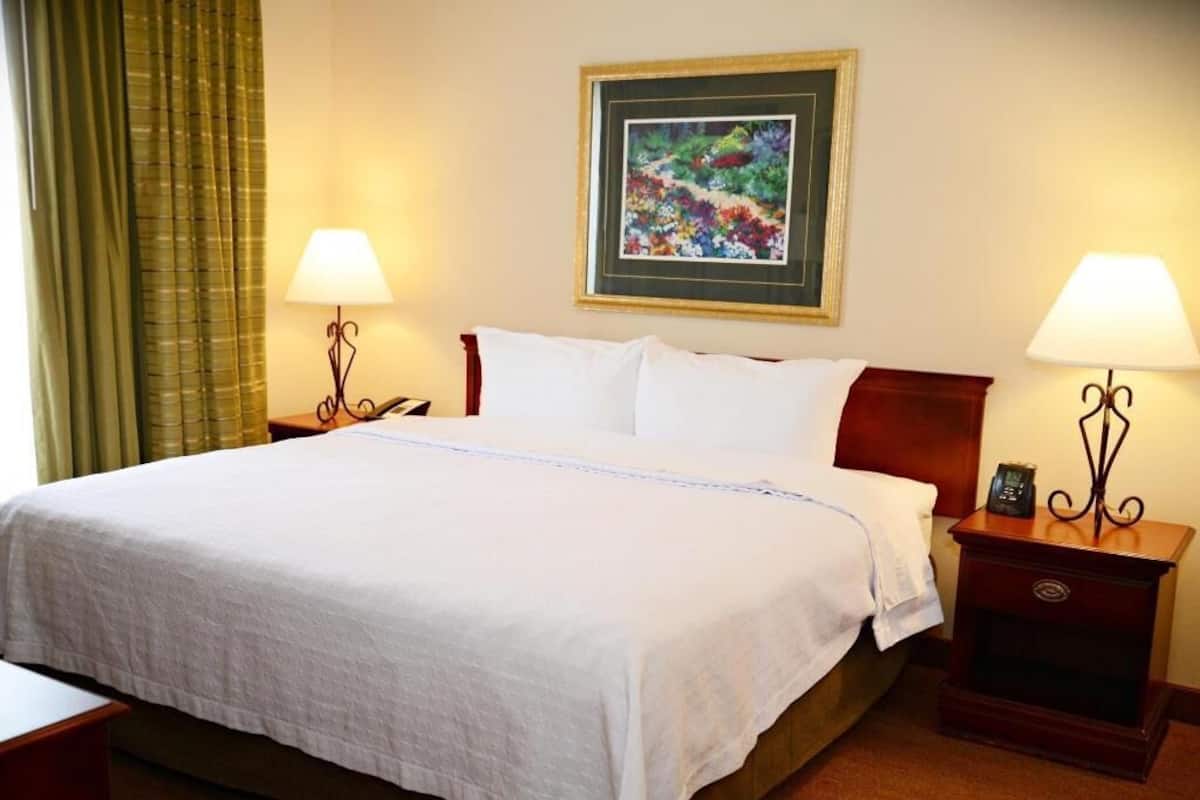 Habitación de hotel con una cama grande, dos mesitas de noche con lámparas, un cuadro enmarcado en la pared y una cortina verde.