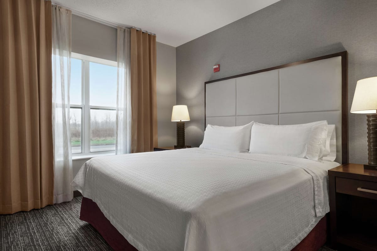 A hotel room with a large bed, a nightstand with a lamp, a window with curtains, and a view of the outdoors.