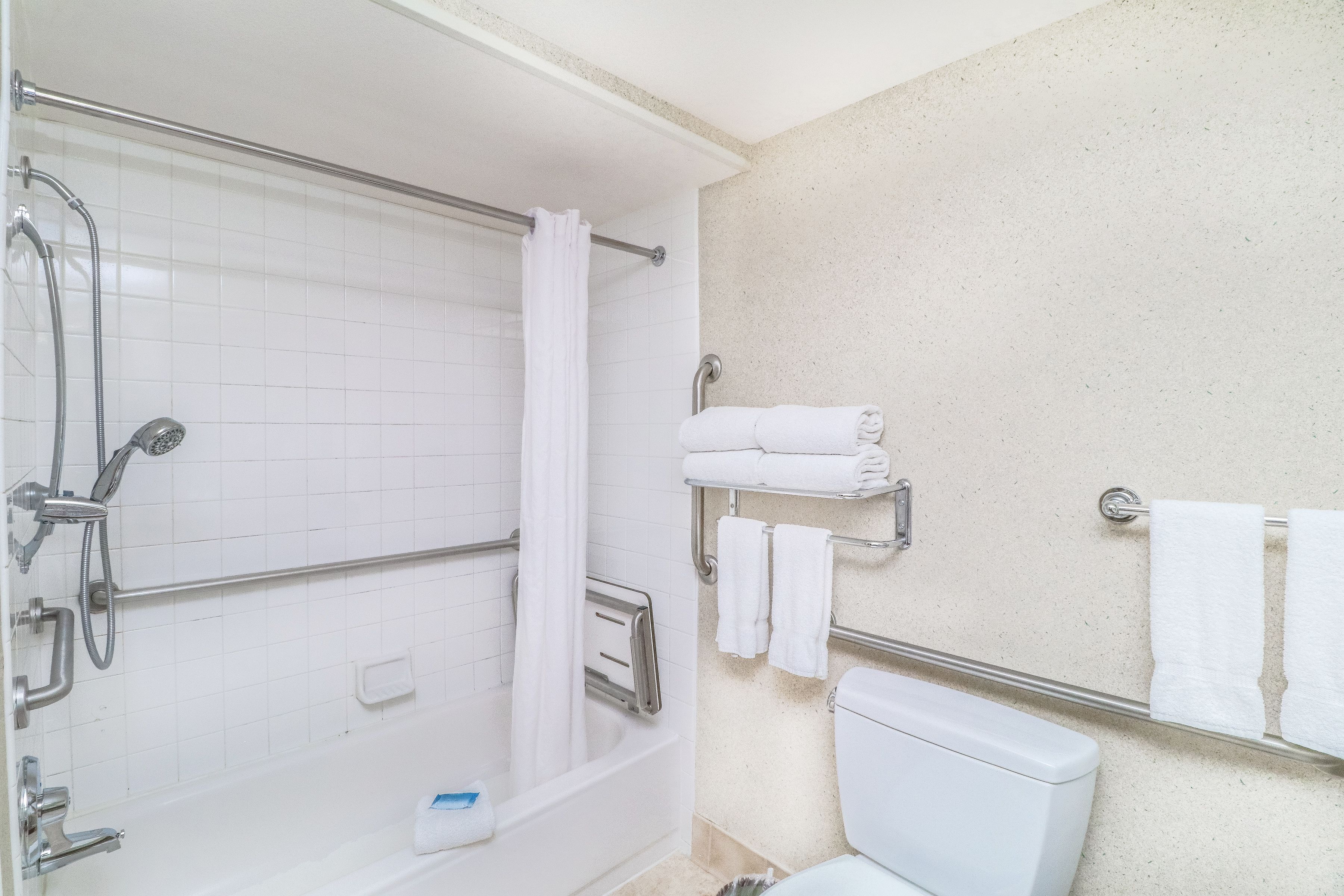 combined shower/bathtub, free toiletries, hair dryer, towels