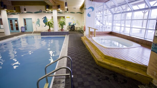 Une piscine intérieure dotée d’une terrasse en bois, d’un jacuzzi et d’une fresque murale.
