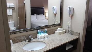 A hotel bathroom with a sink, mirror, and hairdryer.