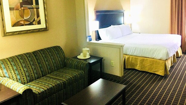 A hotel room with a bed, a sofa, a table, and a painting on the wall. - Holiday Inn Express Kansas City-Liberty by IHG (Kansas City)