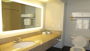 A bathroom with a sink, mirror, towel rack, and toilet. - Holiday Inn Express Hotel & Suites Oxford by IHG (Oxford)