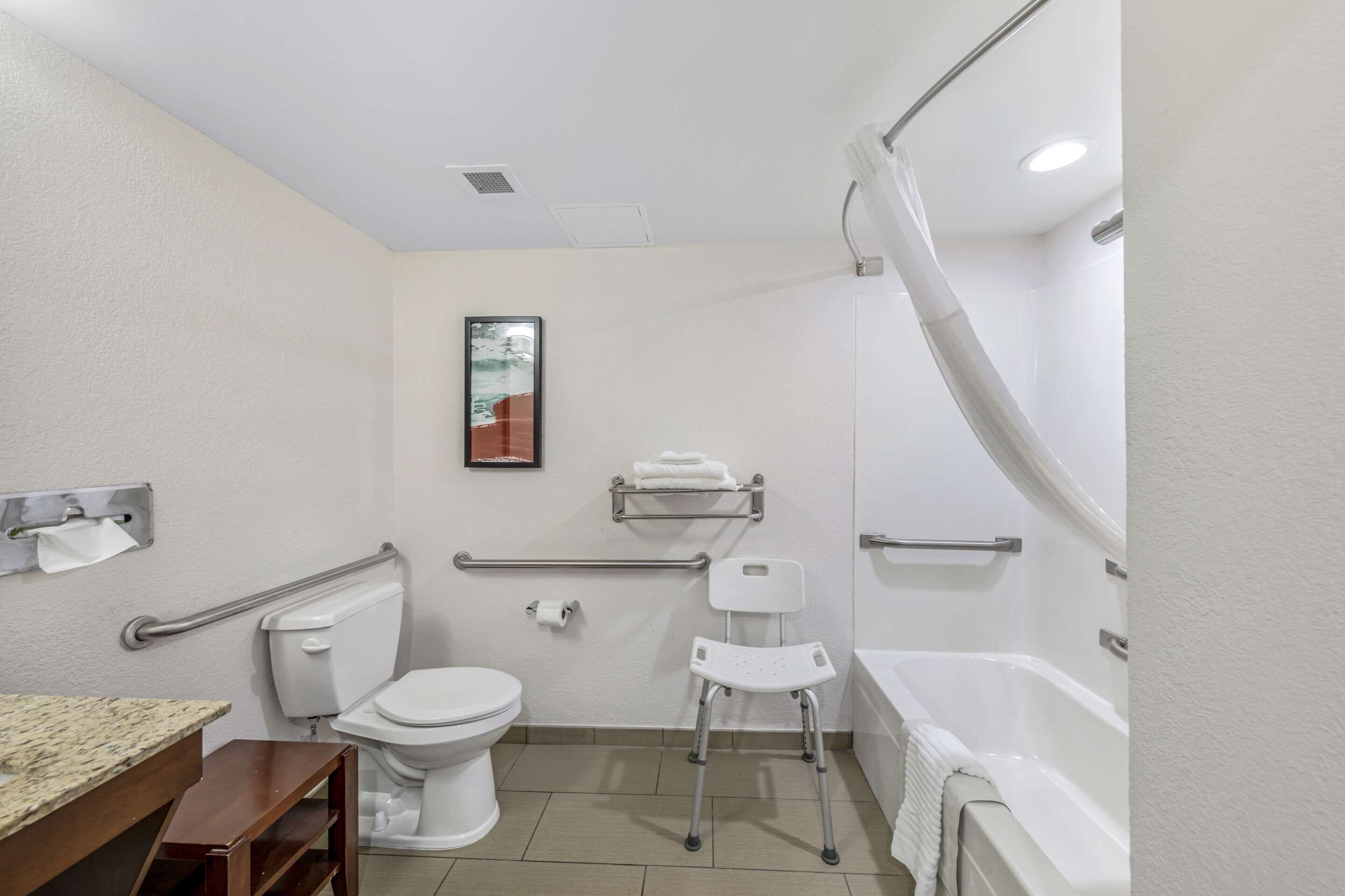 A bathroom with a toilet, a sink, a shower, and a grab bar.