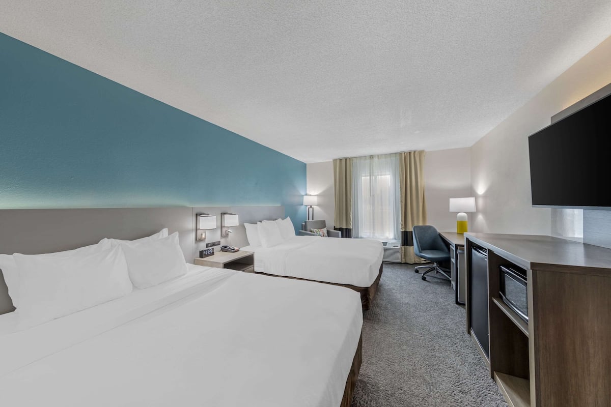 standard room, 2 queen beds, non smoking | desk, laptop workspace, blackout curtains, iron/ironing board