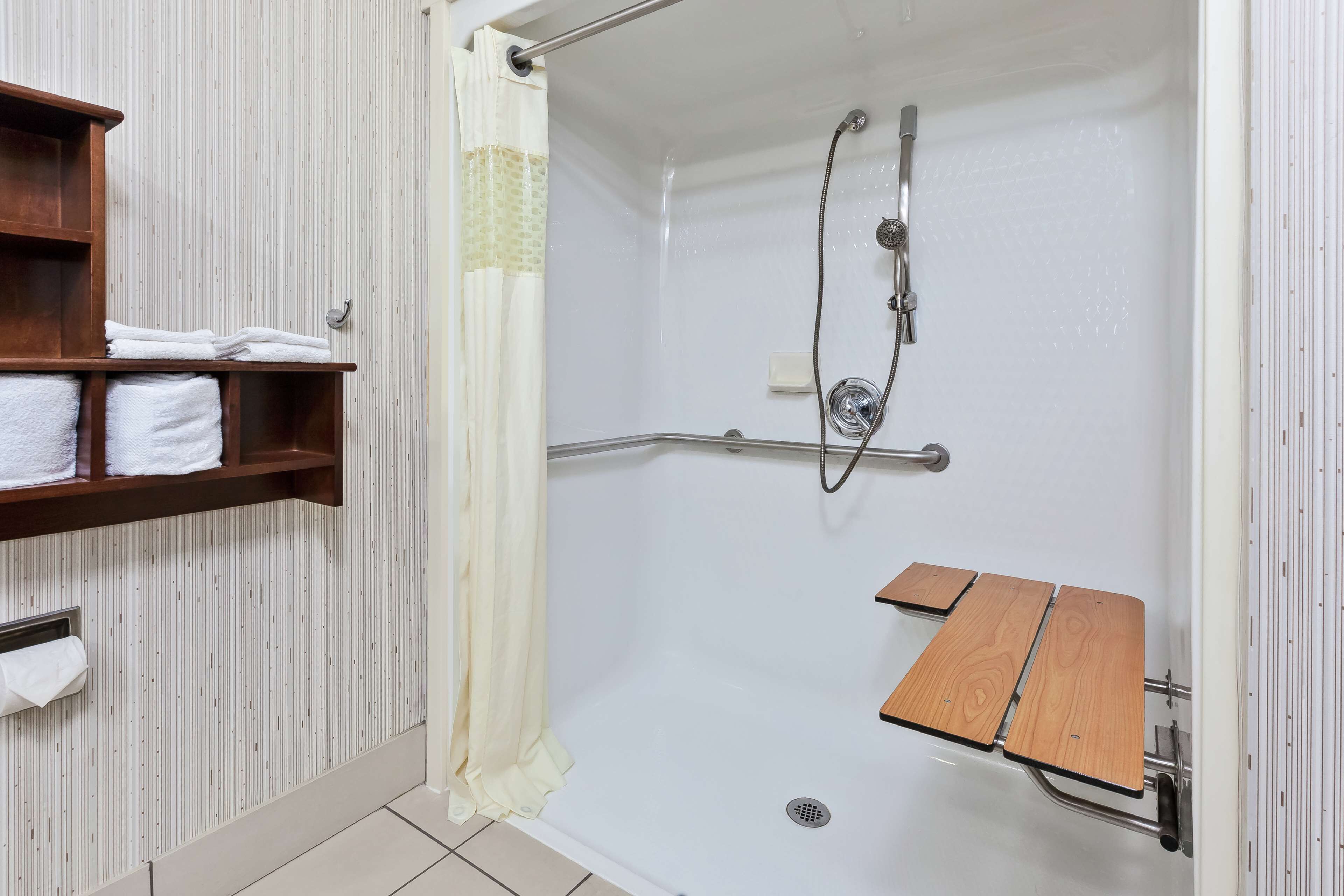 room, 1 king bed, accessible, refrigerator & microwave (roll in shower) | bathroom shower