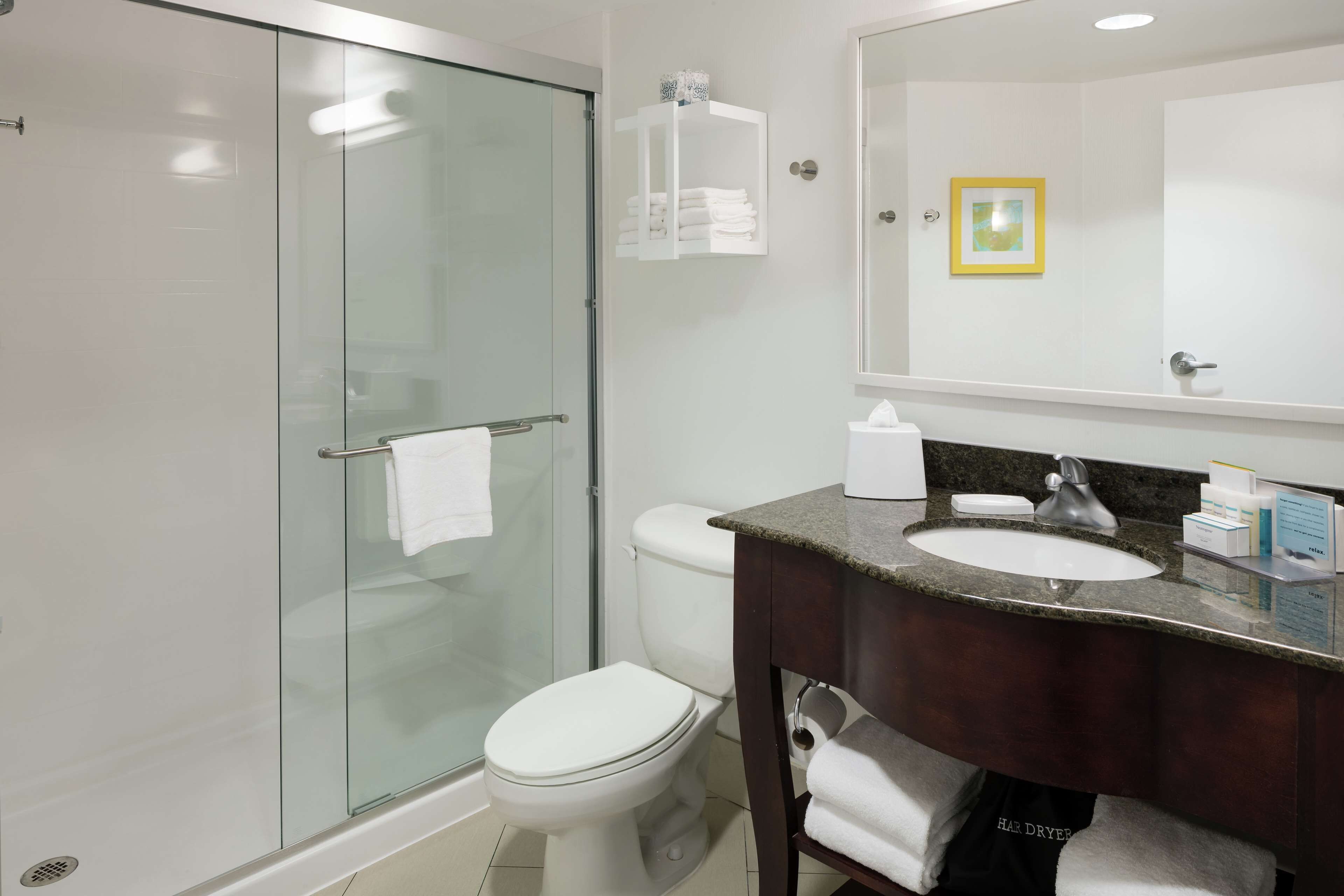 A modern bathroom with a glass-enclosed shower, a white toilet, a sink with a dark countertop, and a mirror above the sink.