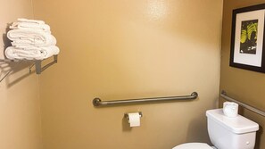 Combined shower/tub, free toiletries, hair dryer, towels