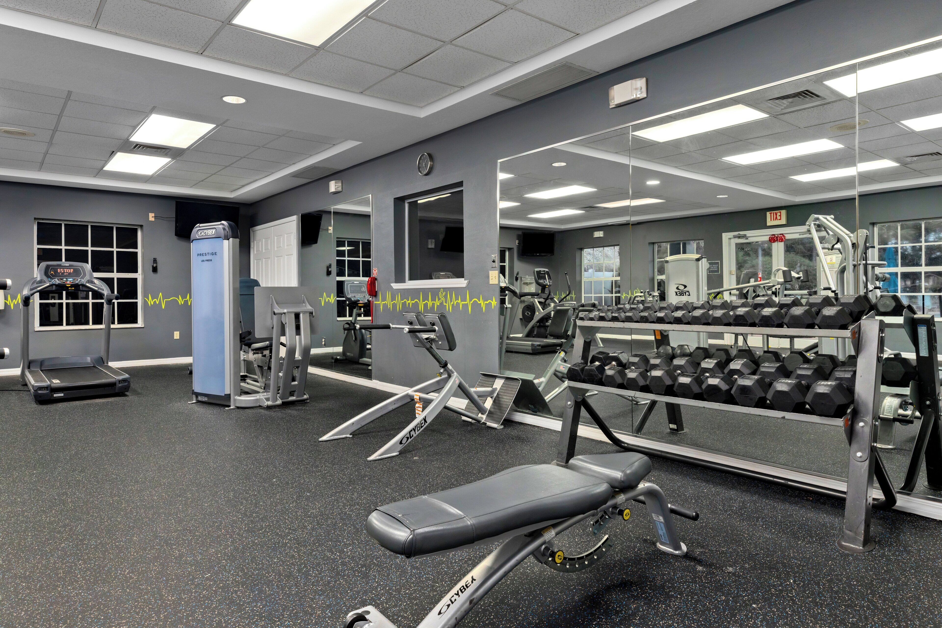 Ein Fitnessstudio mit Laufbändern, Kraftgeräten und Kurzhanteln.