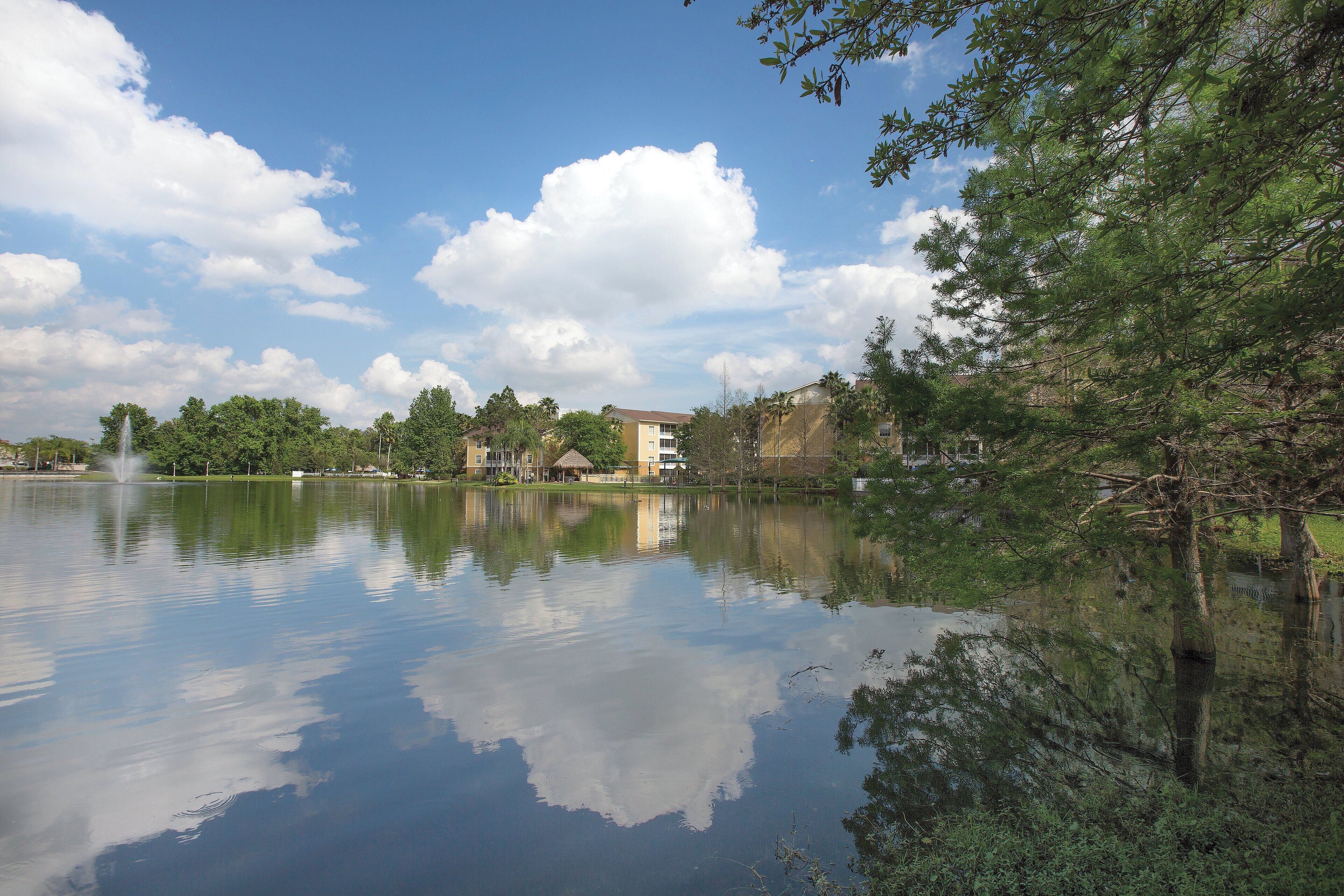 A calm lake with a fountain, surrounded by trees and buildings.