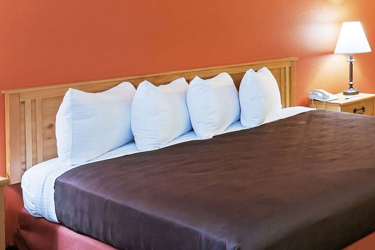 Een hotelkamer met een houten hoofdeinde, een groot bed met een donkerbruine plaid en witte kussens, plus een bedlampje.