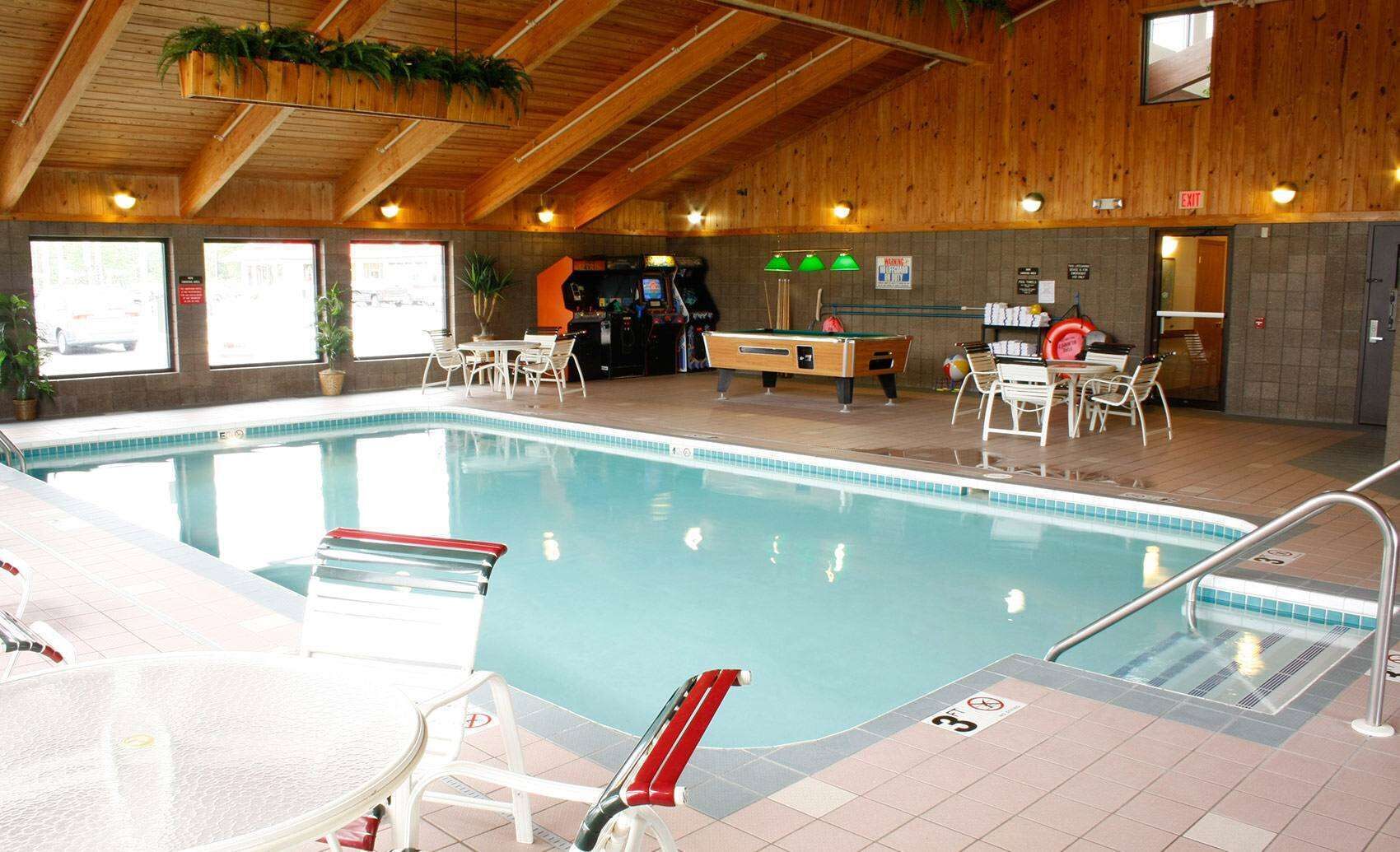 indoor pool, open 8 am to midnight, pool loungers