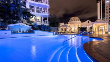 Indoor pool, outdoor pool, sun loungers