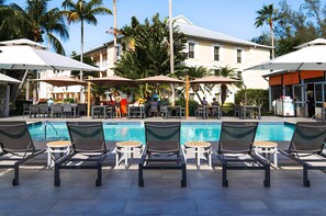 Outdoor pool, pool umbrellas, pool loungers