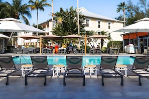 Outdoor pool, pool umbrellas, pool loungers
