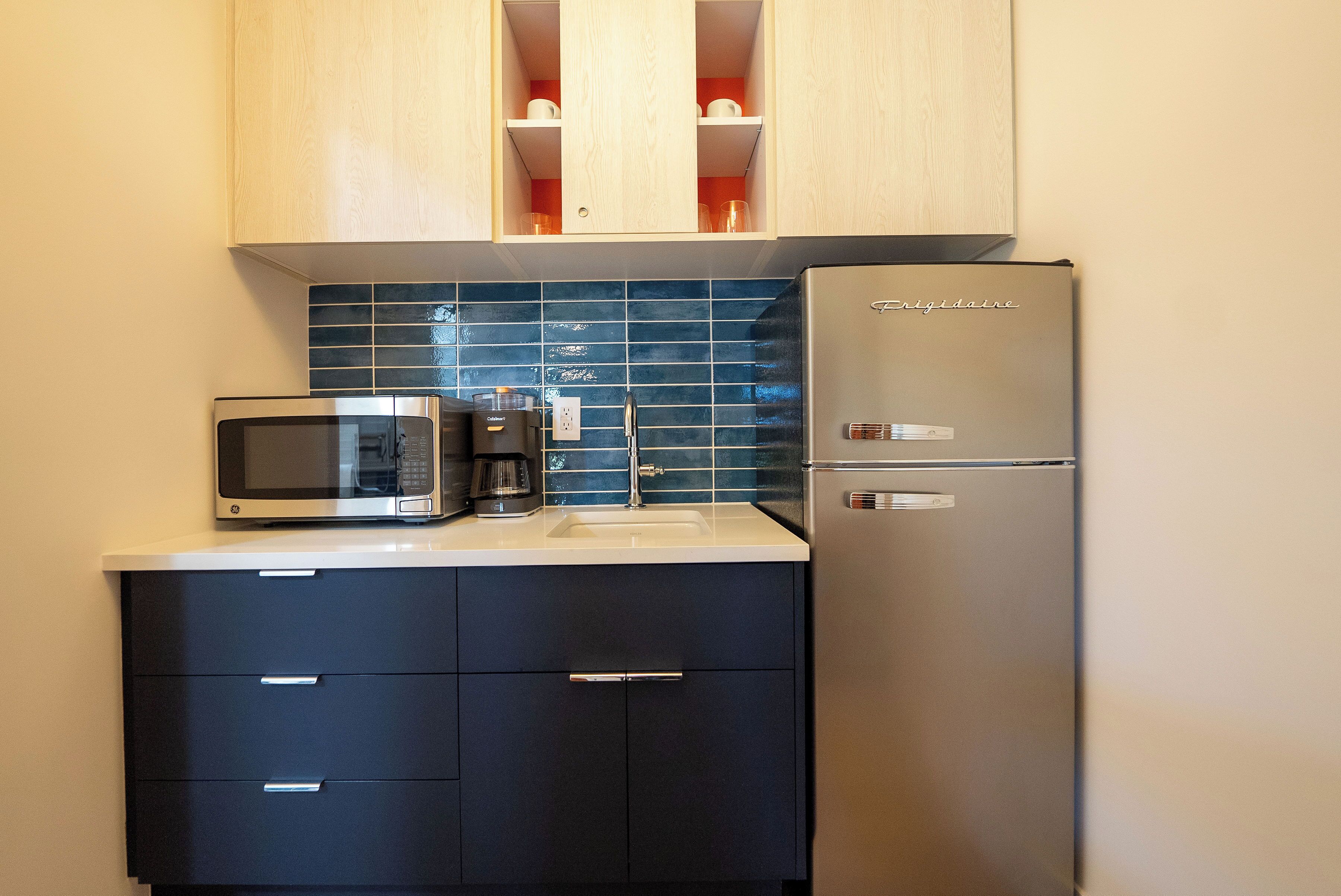 full-sized fridge, microwave, coffee/tea maker, toaster