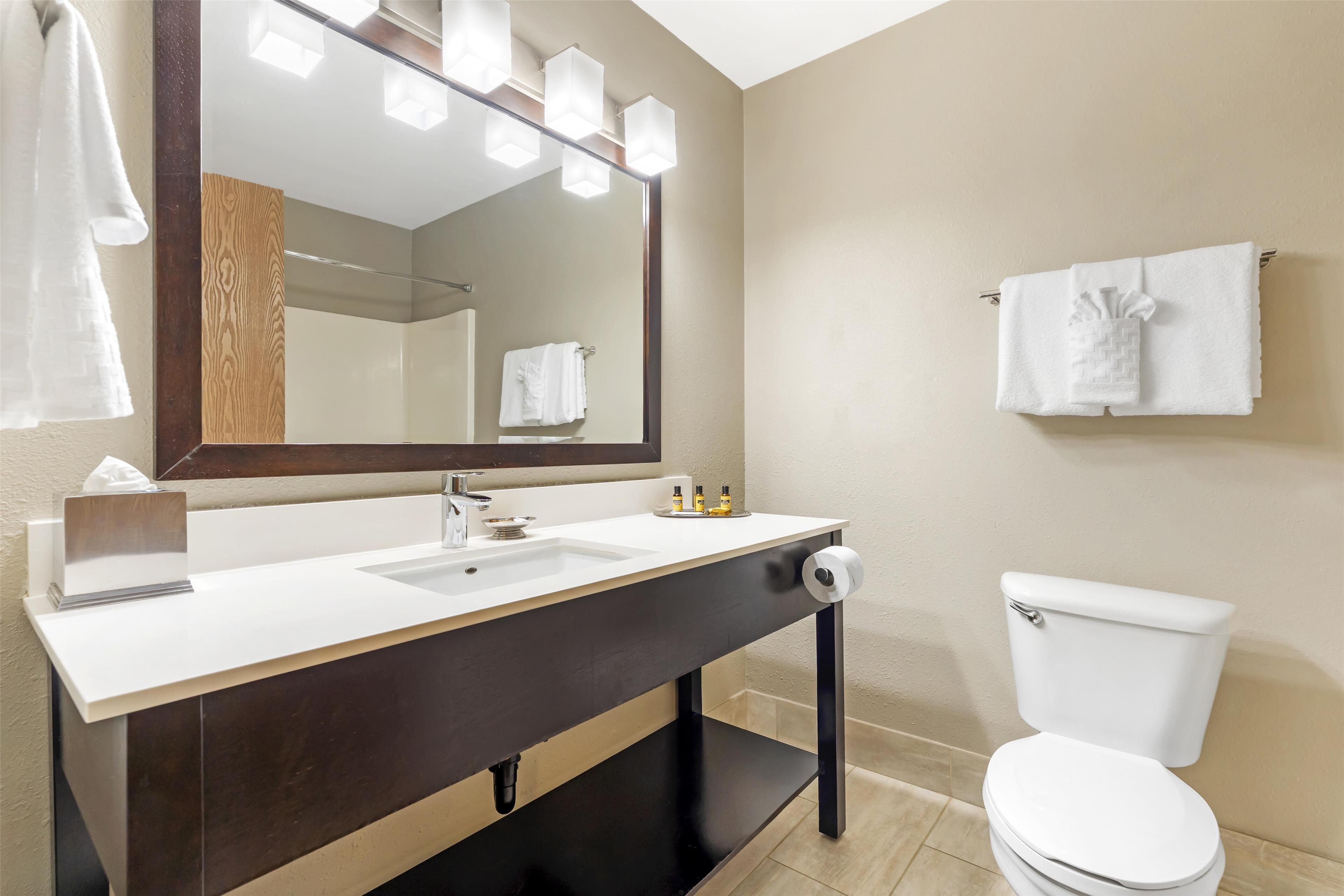 A modern bathroom with a large mirror, a sink, and a toilet.