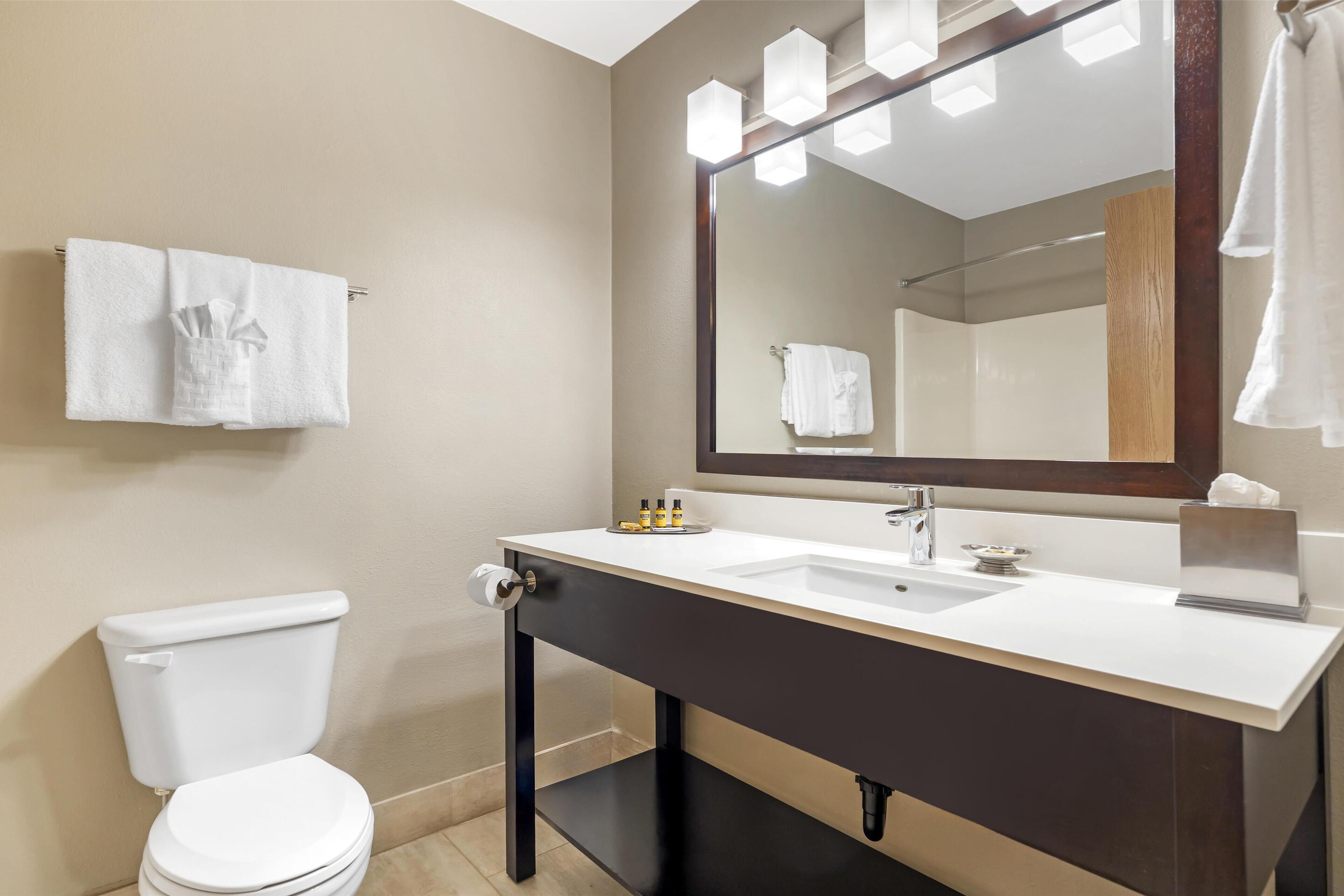 A modern bathroom with a white toilet, a dark vanity with a mirror, and a white sink.