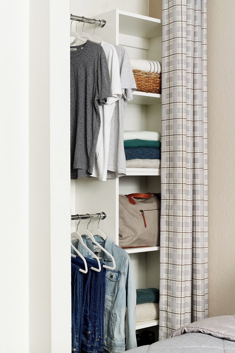 desk, laptop workspace, blackout curtains, iron/ironing board