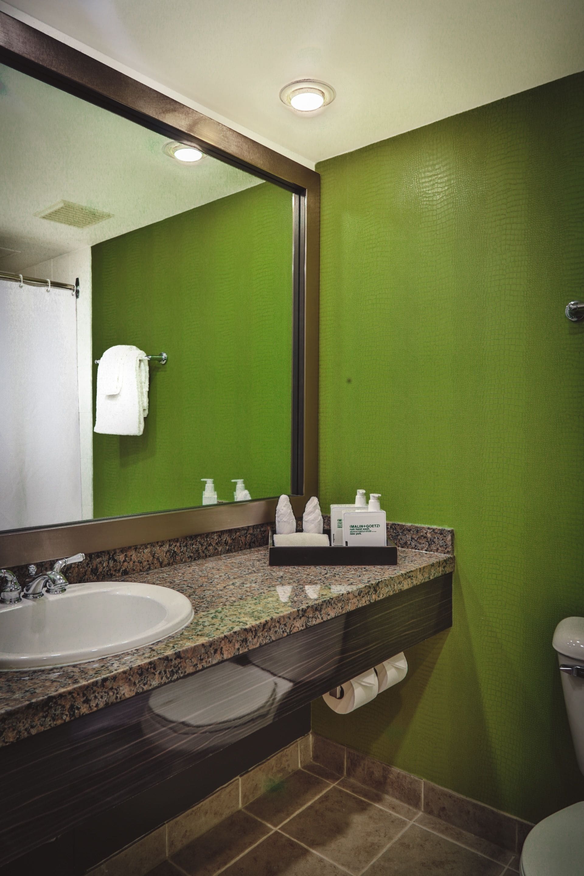 combined shower/bathtub, designer toiletries, hair dryer, bathrobes