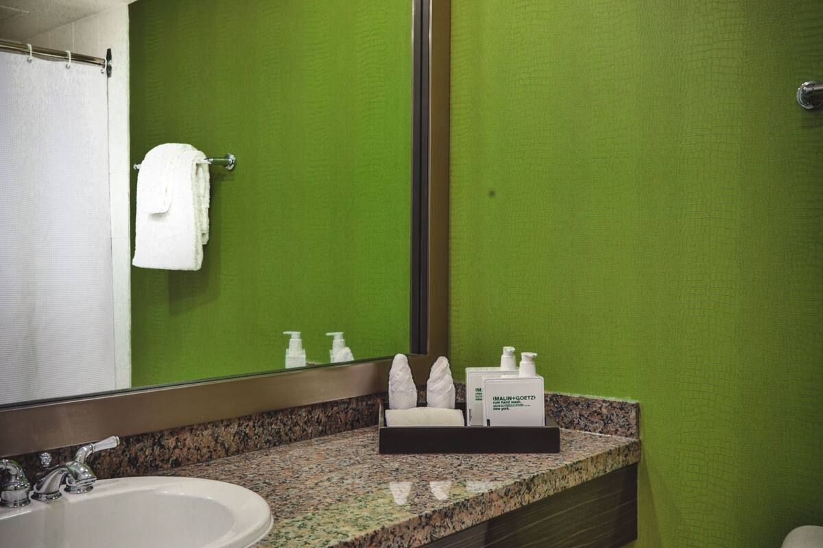 combined shower/bathtub, designer toiletries, hair dryer, bathrobes