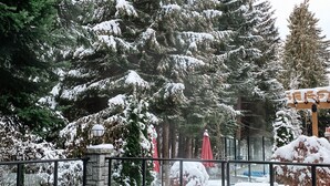 Una piscina con dos personas sentadas en el borde, rodeada de árboles cubiertos de nieve y un muro de piedra.