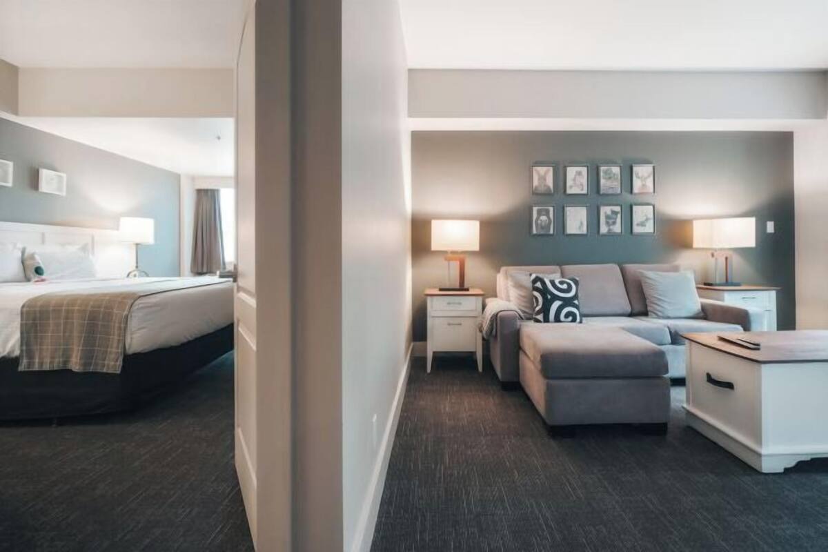 Una habitación de hotel con cama, sofá, una mesita, una mesita de noche y decoración en la pared.