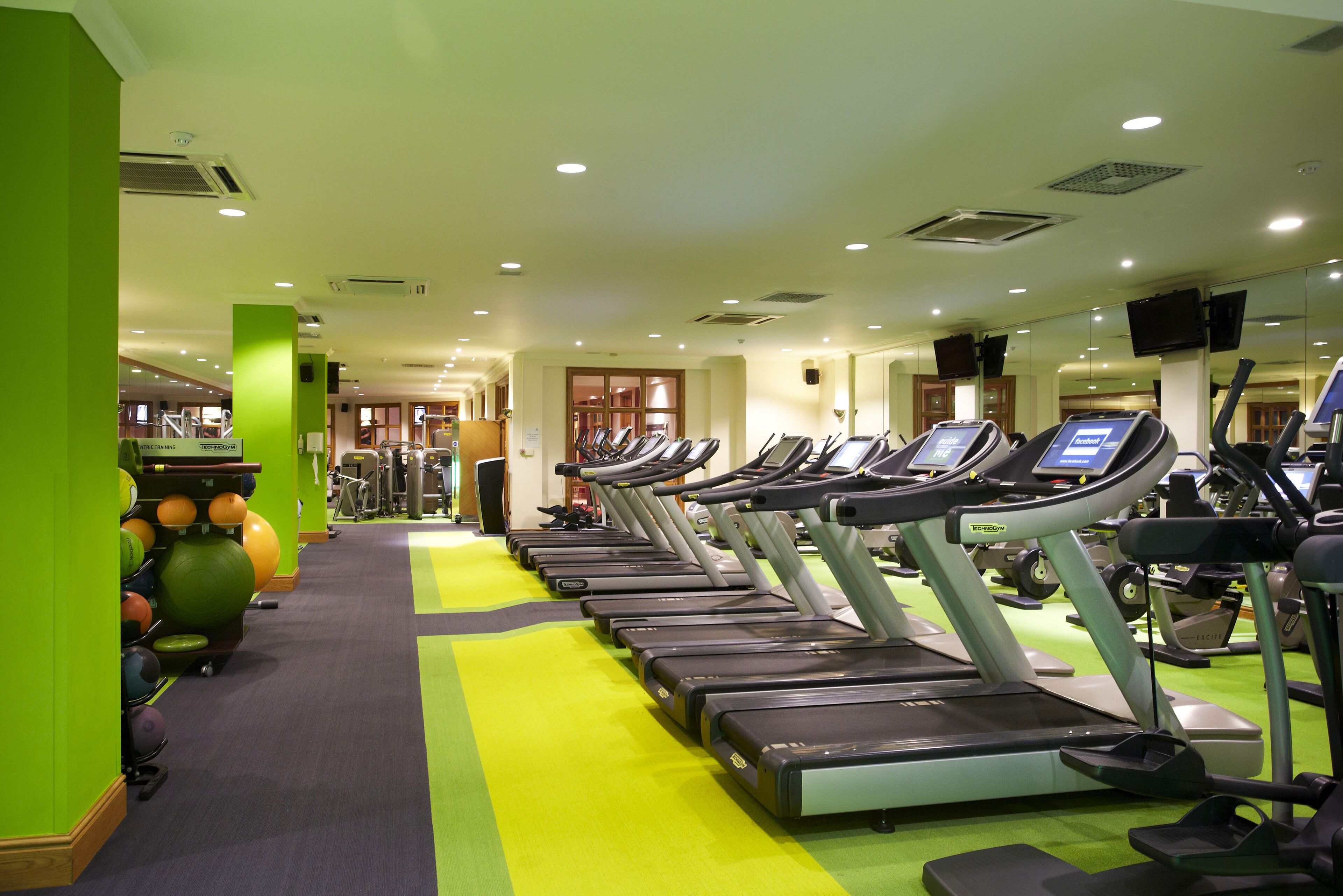 A gym with multiple treadmills lined up against a green wall, a row of exercise balls, and a mirrored wall reflecting the equipment.