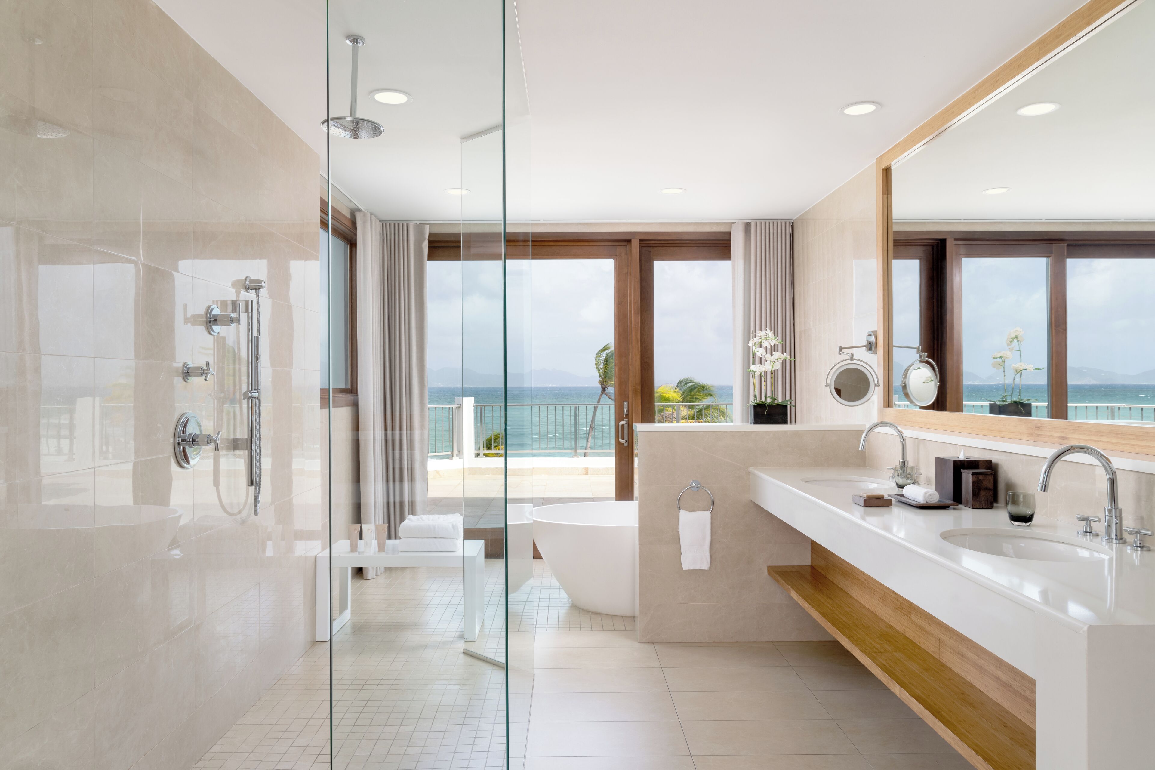 separate bathtub and shower, deep-soaking bathtub, rainfall showerhead