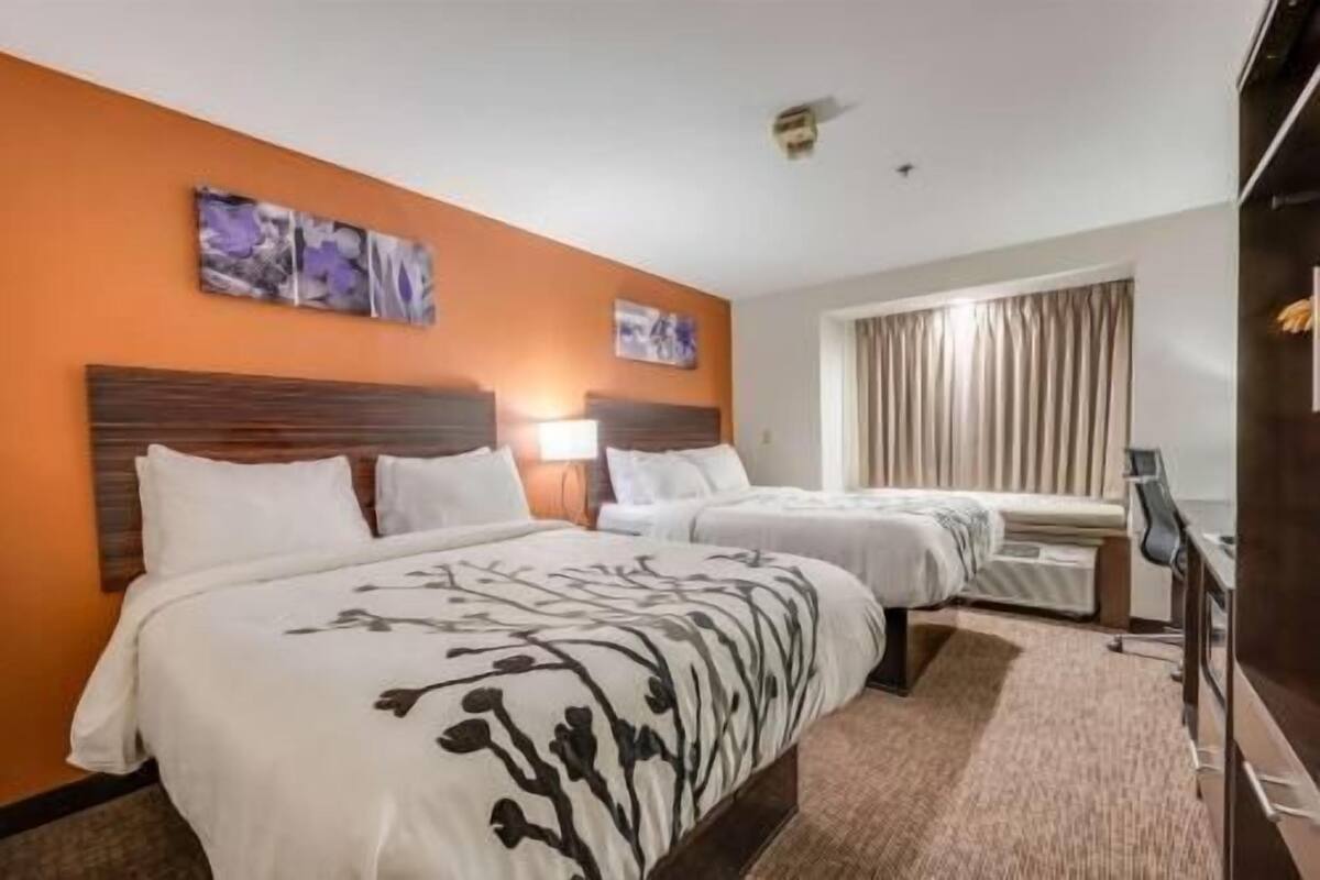 A hotel room with two beds, a TV, and artwork on the walls.