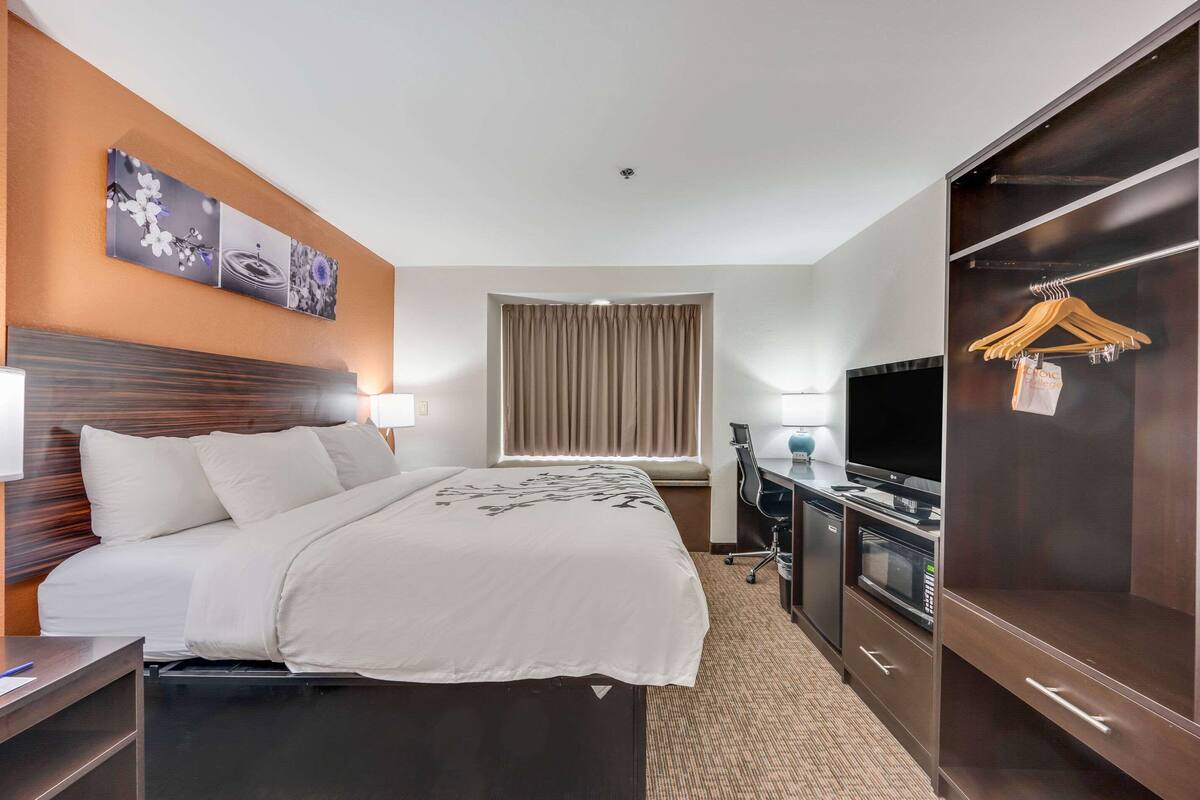 A hotel room with a bed, a desk with a computer, a TV, a wardrobe, and a window with curtains.