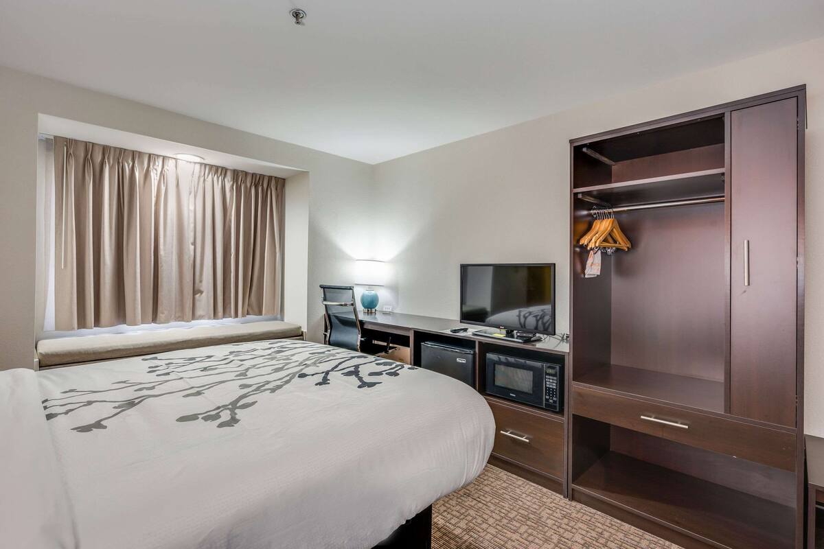 A hotel room with a bed, desk, TV, wardrobe, and a window with curtains.