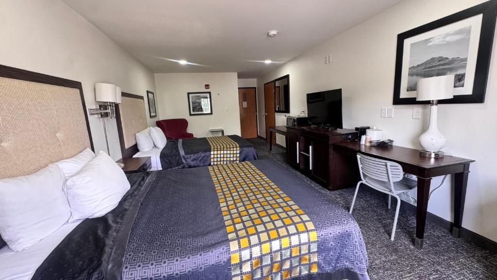 Una habitación de hotel con cama, escritorio, silla, televisión y una obra de arte en la pared.