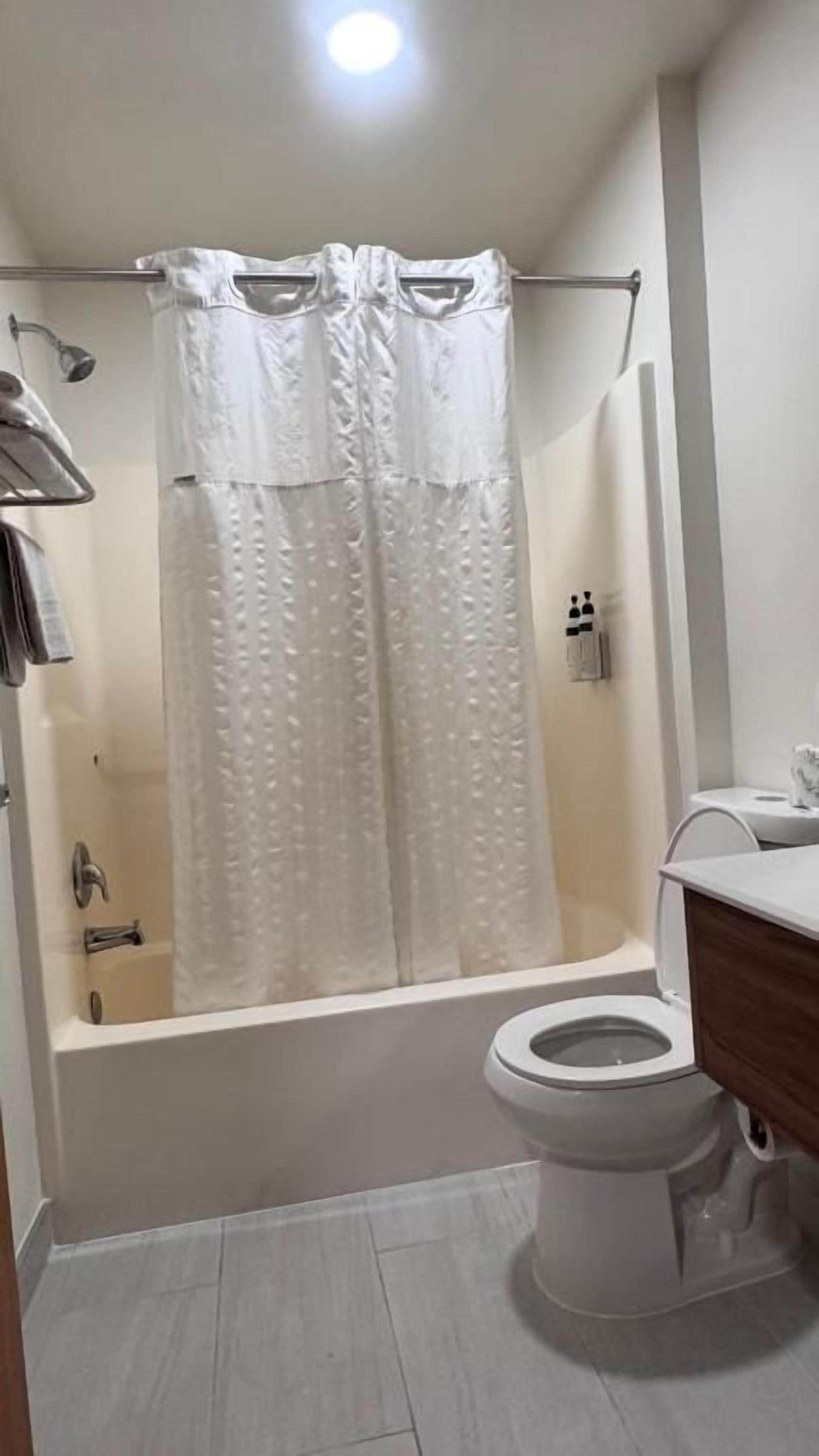 Un baño con bañera, inodoro y cortina de ducha.