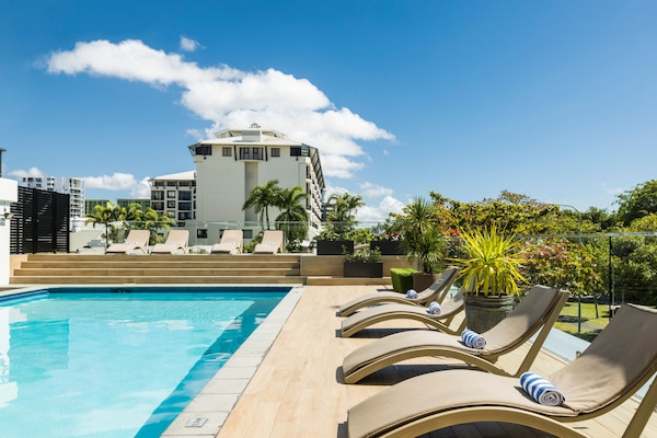 Outdoor pool, pool umbrellas, pool loungers