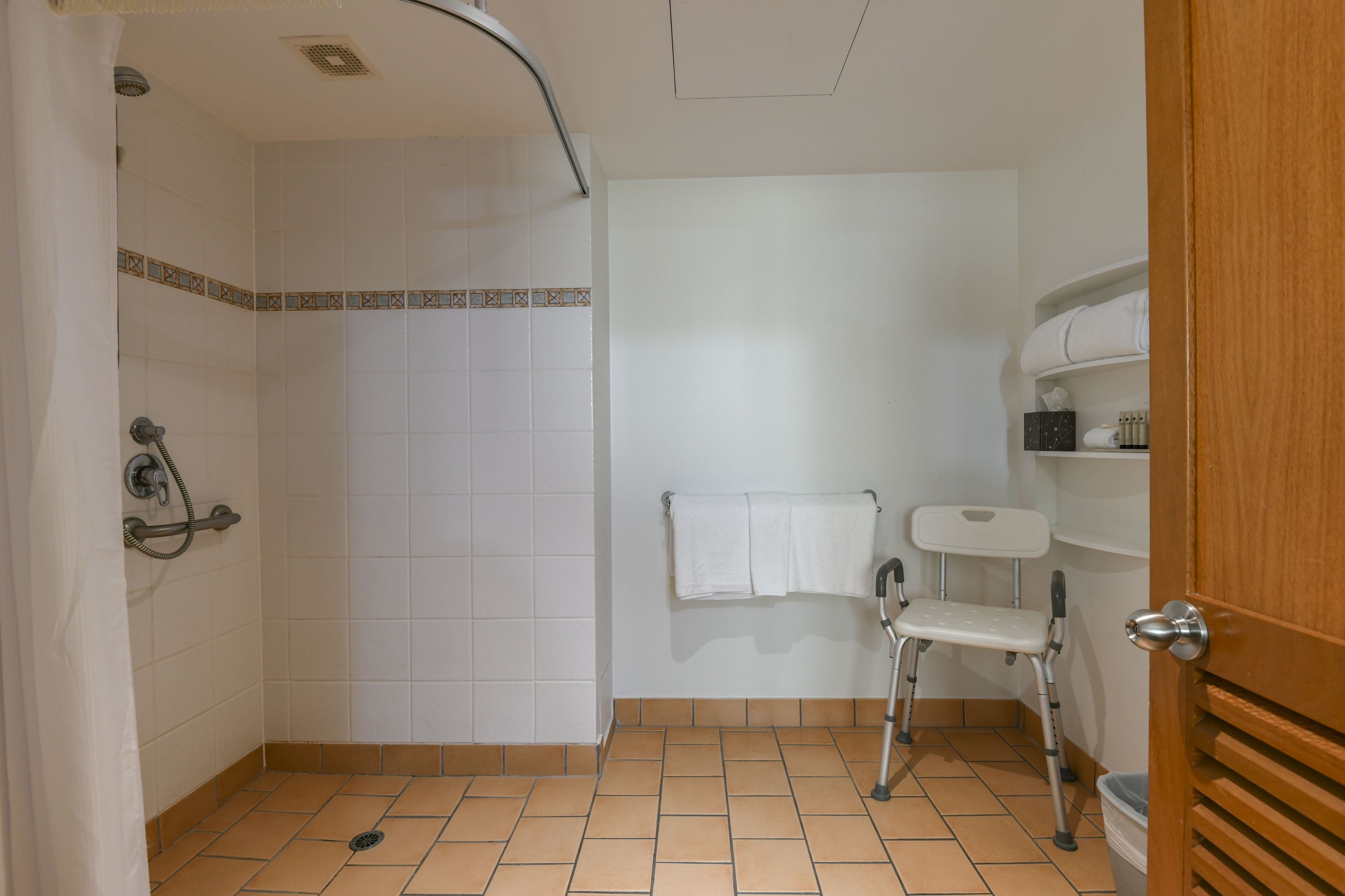 A bathroom with a shower, a toilet, a sink, and a wheelchair-accessible bench.
