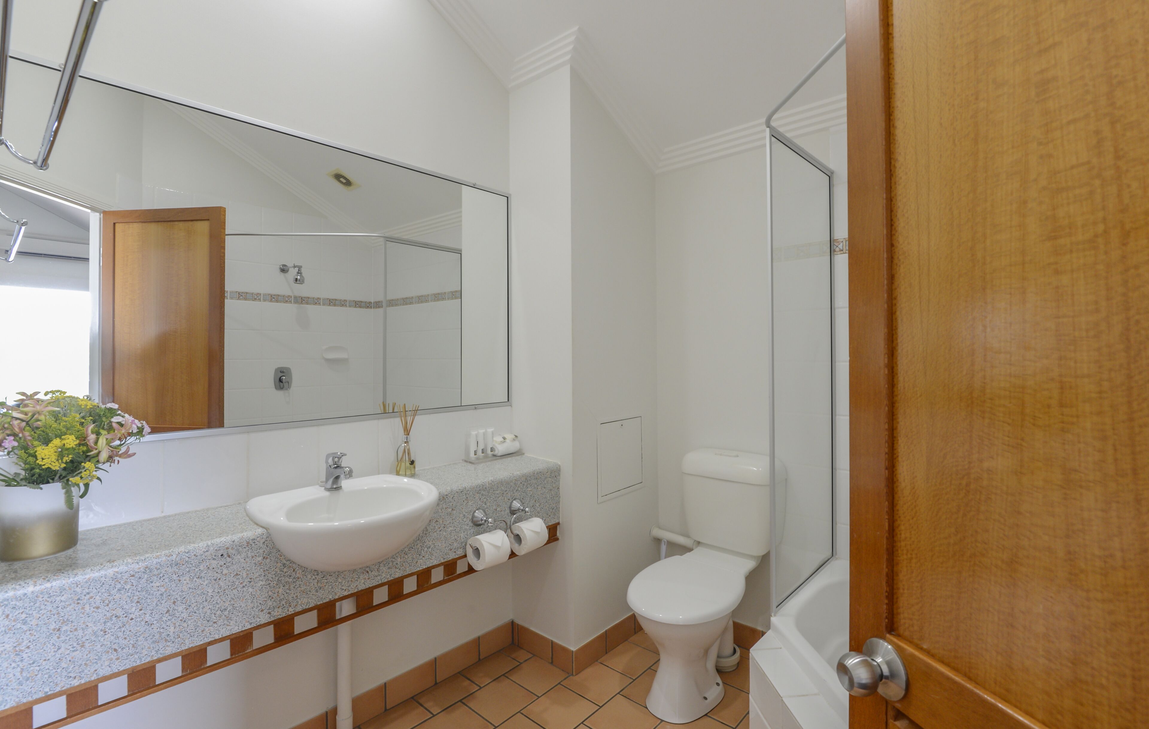Baño con lavamanos, inodoro y ducha.
