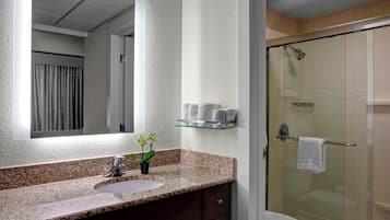 Une salle de bain avec un lavabo sur un plan de travail en granit, un miroir, une cabine de douche en verre et des toilettes.