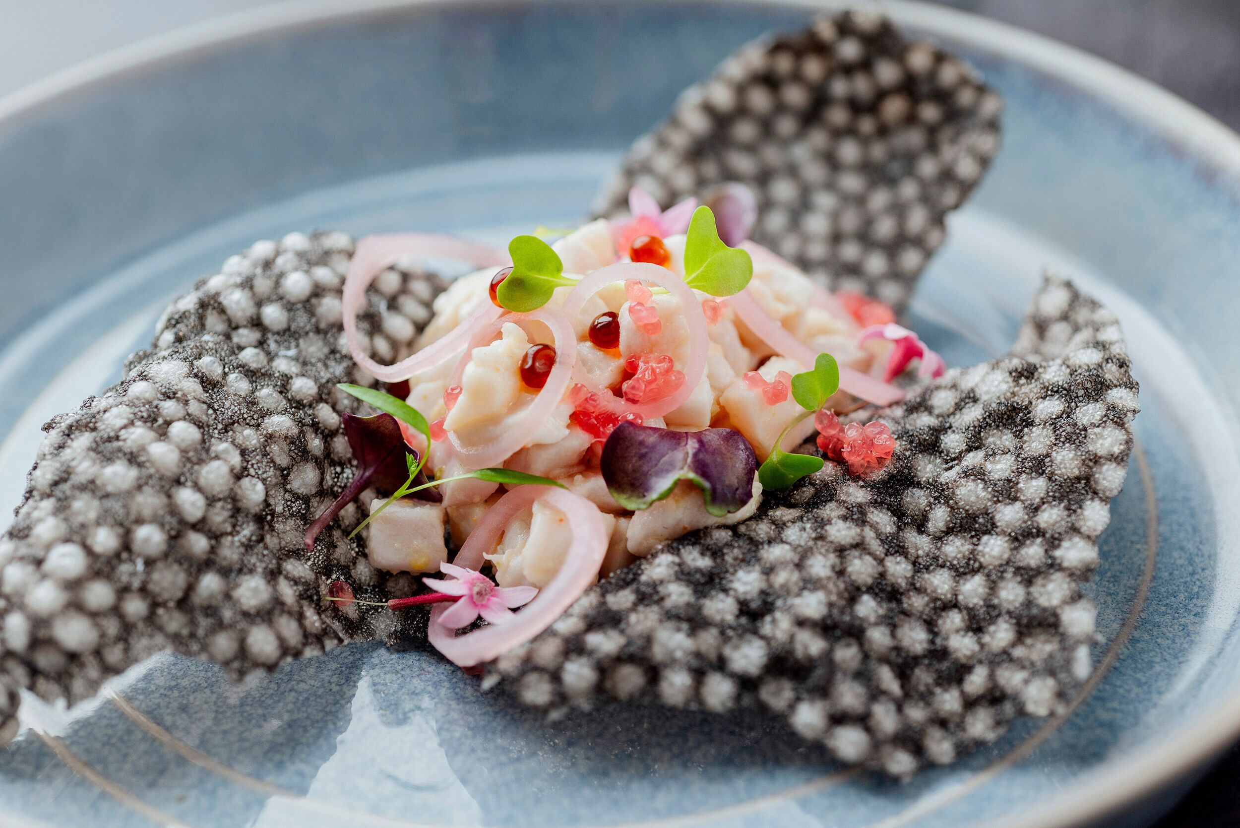 Un plat composé de fruits de mer et de diverses garnitures, présenté dans une assiette.