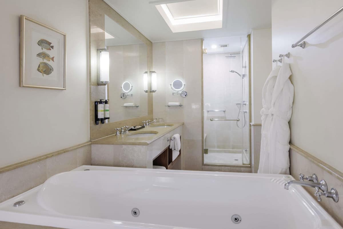 A bathroom with a large bathtub, two sinks, a shower, and a mirror.