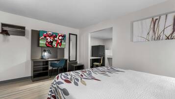 Desk, laptop workspace, blackout drapes, free WiFi