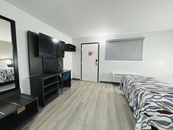 Desk, laptop workspace, blackout drapes, free WiFi