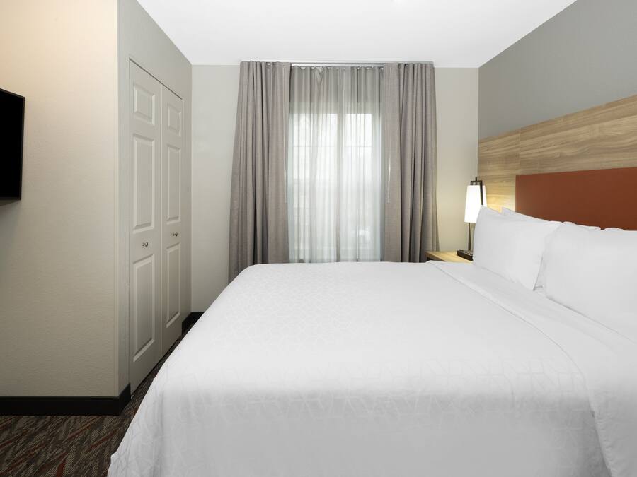 A hotel room with a large bed, a flat-screen TV mounted on the wall, a bedside table with a lamp, and a window with curtains.