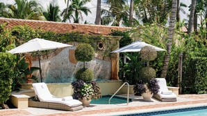 Un espace piscine agrémenté de chaises longues et de parasols, entouré d’une végétation luxuriante et de palmiers.