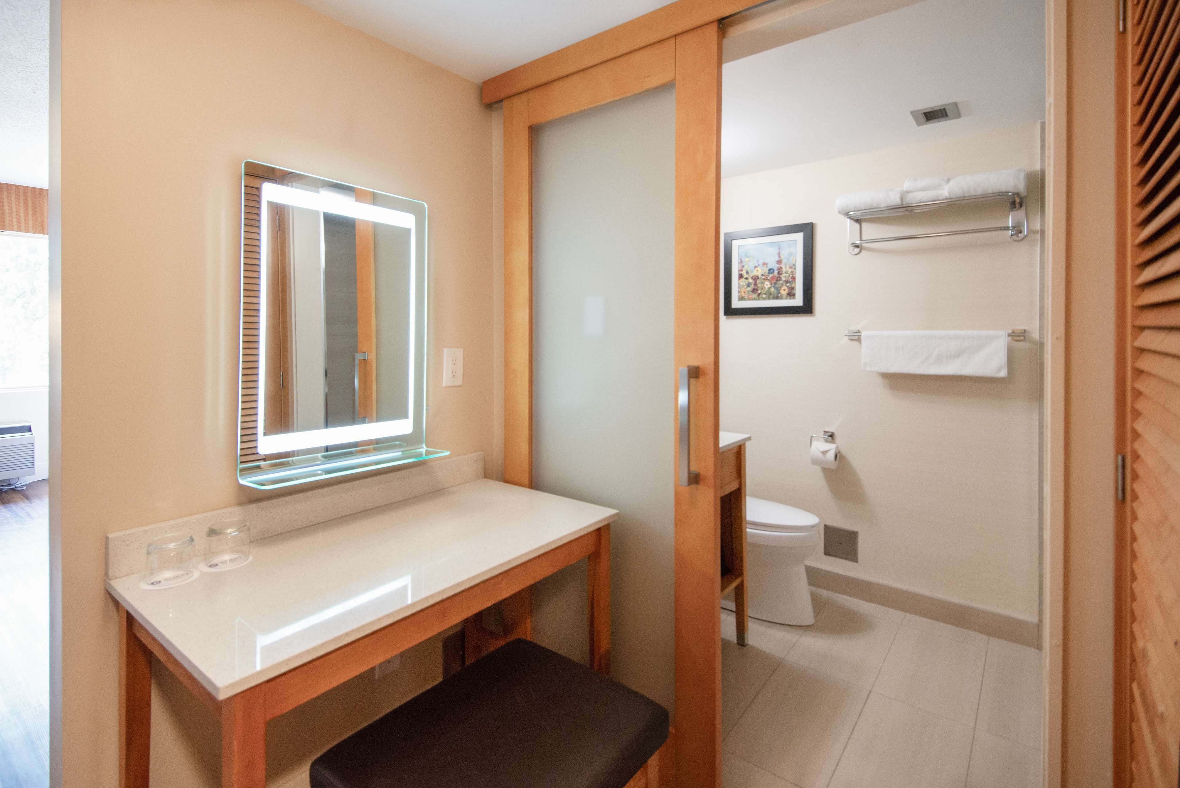 Un baño con tocador de madera, espejo, inodoro y barra para toallas.