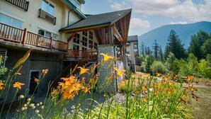 A multi-story building with a balcony, surrounded by a garden with orange flowers.