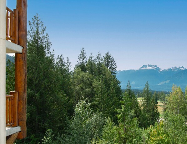 Guests can enjoy a serene outdoor setting with a deck overlooking a lush forest and snow-capped mountains.