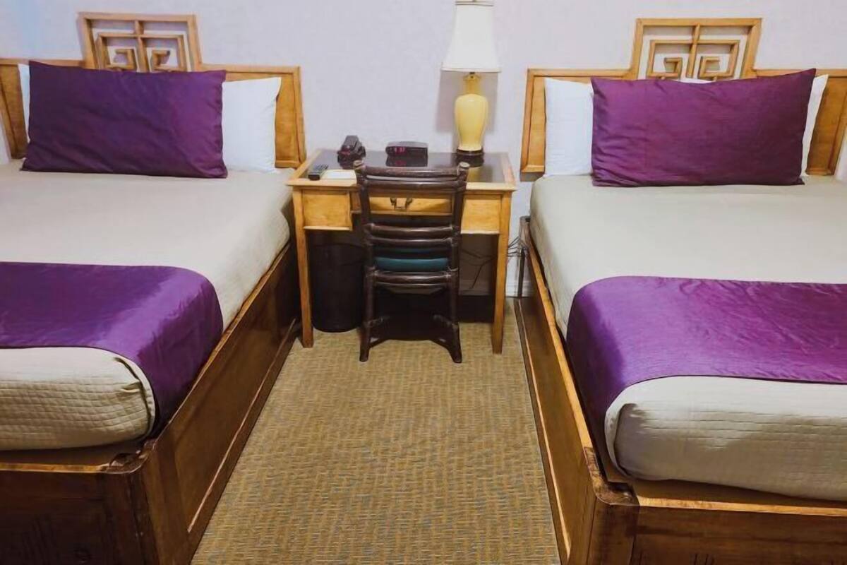 Habitación doble con dos camas, cada una con cubrecama morado, un escritorio de madera con lámpara y una silla.