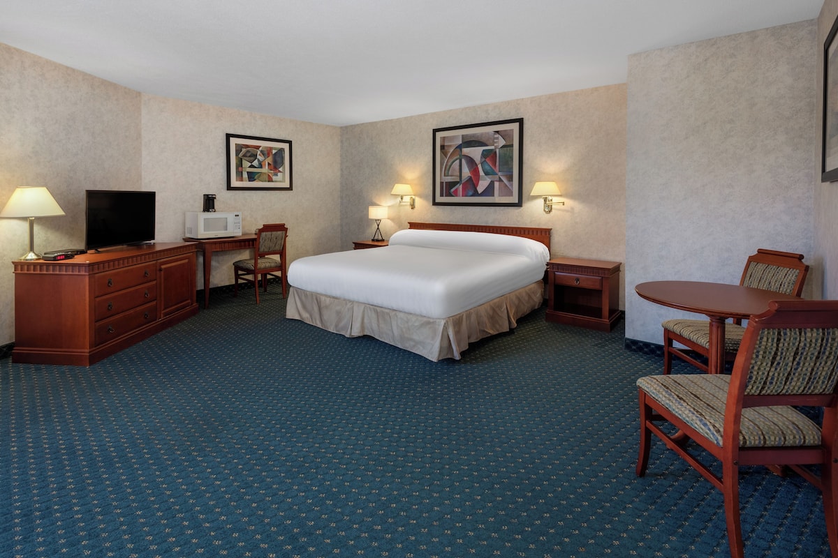 Una habitación de hotel con una cama grande, un escritorio con televisor, un microondas y dos lámparas de noche.