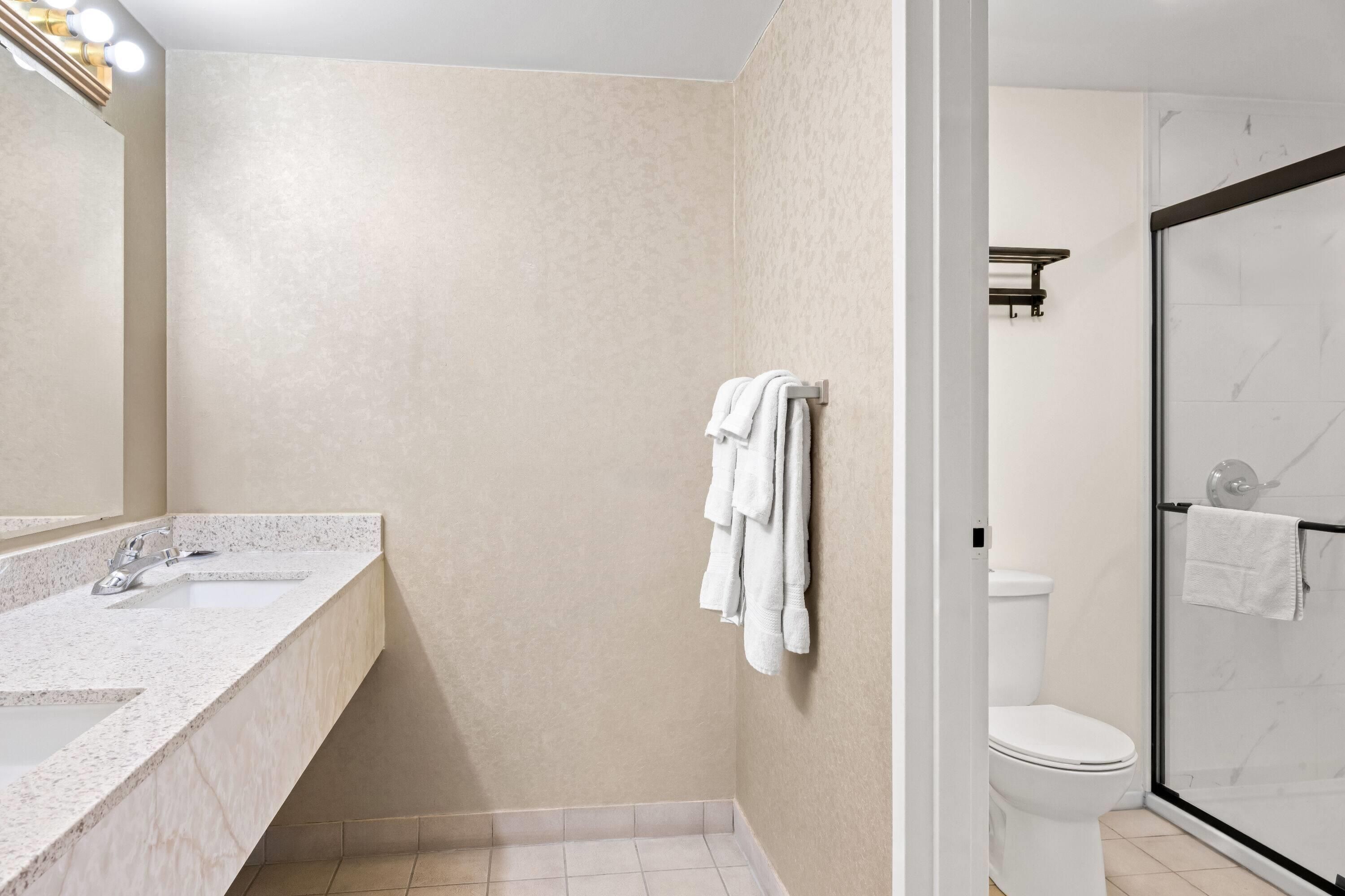 A bathroom with a granite countertop, a mirror, and a towel rack.